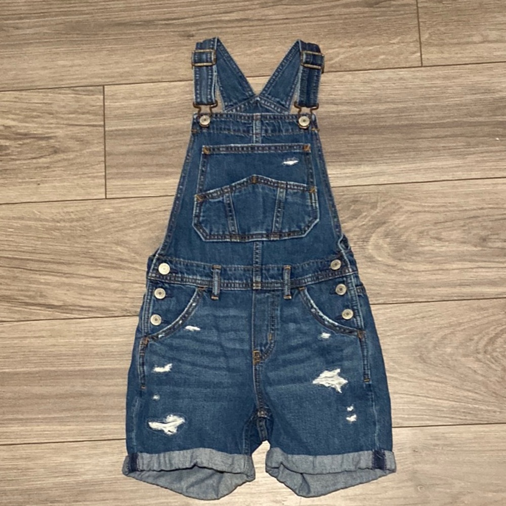GAP Blue Overalls with Distressed Look and Rolled Hem